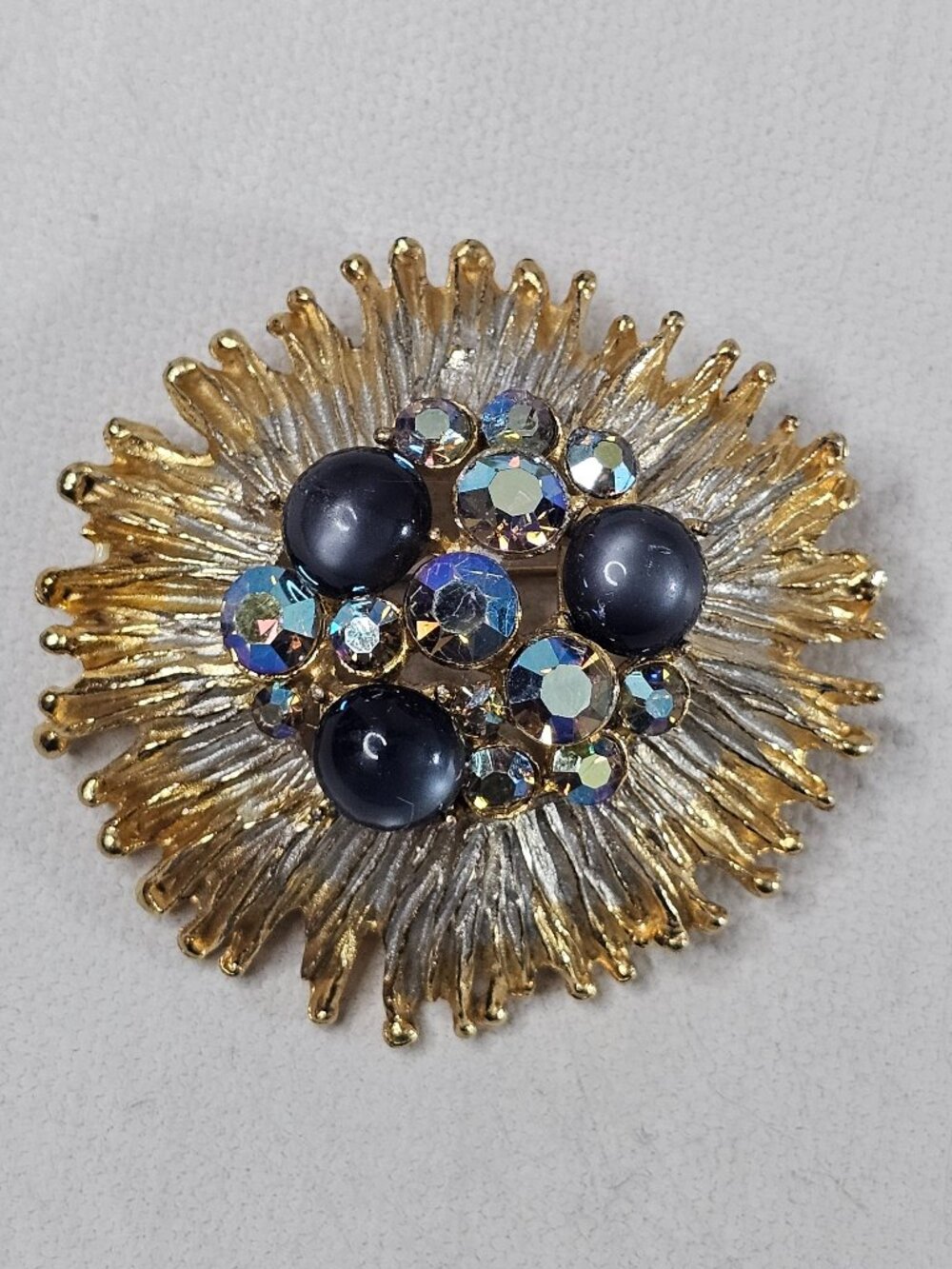 Gold Silver Tone Dome Starburst Brooch Flower Cluster AB Gray Cat Eye Unmarked